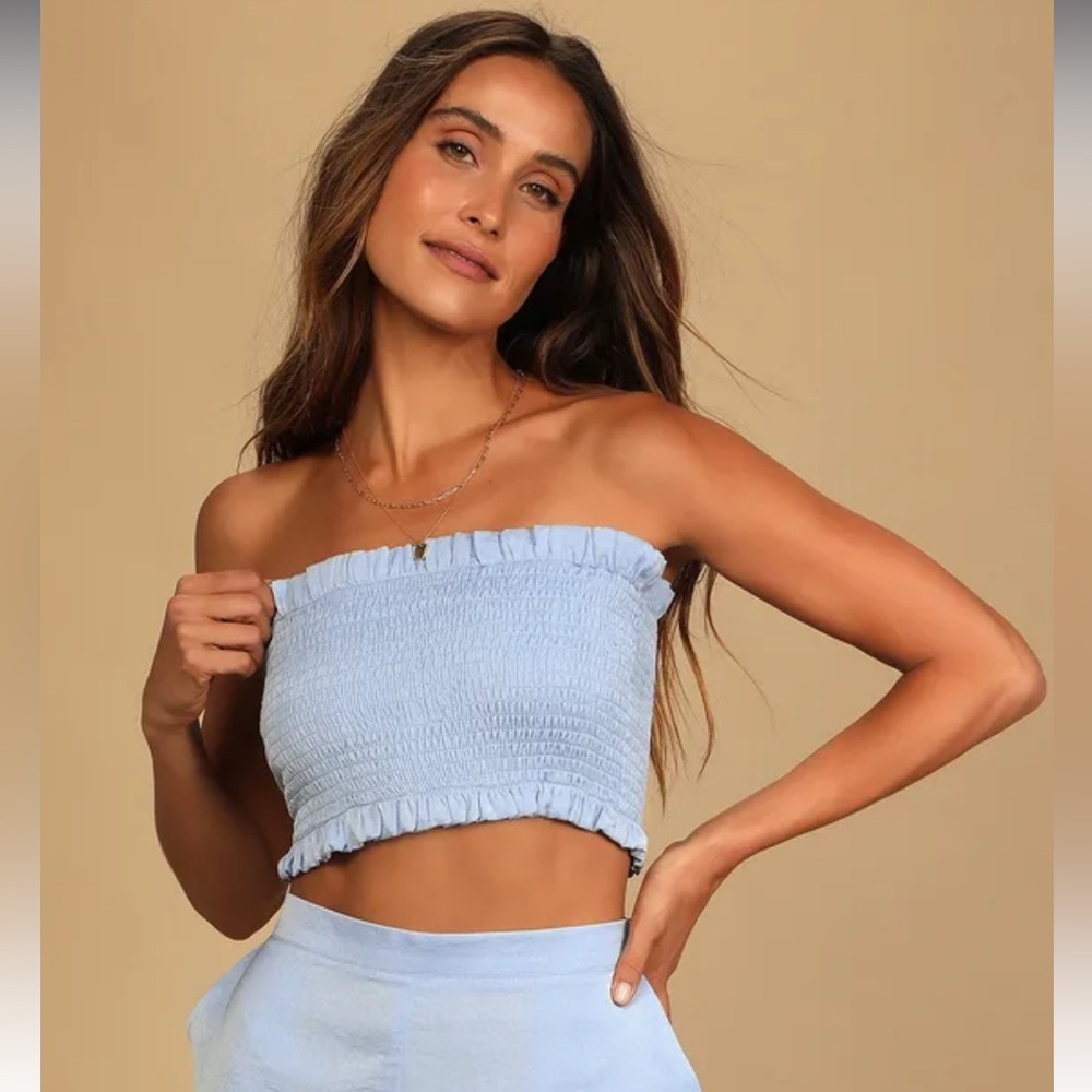 Lulu’s Extra Love Dusty Blue Satin Smocked Tube Top
